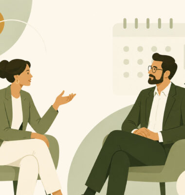 Two professionals having a thoughtful conversation, representing how a shift in exhibition conversations led to £17,000 in new business