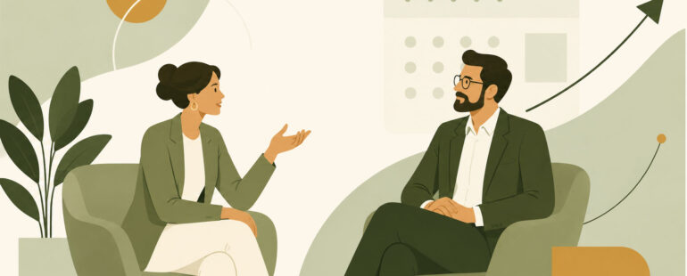Two professionals having a thoughtful conversation, representing how a shift in exhibition conversations led to £17,000 in new business